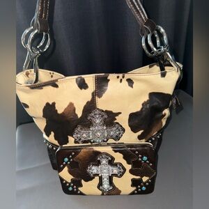 Montana West Cowhide Cross Shoulder Bag - Brown and Cream